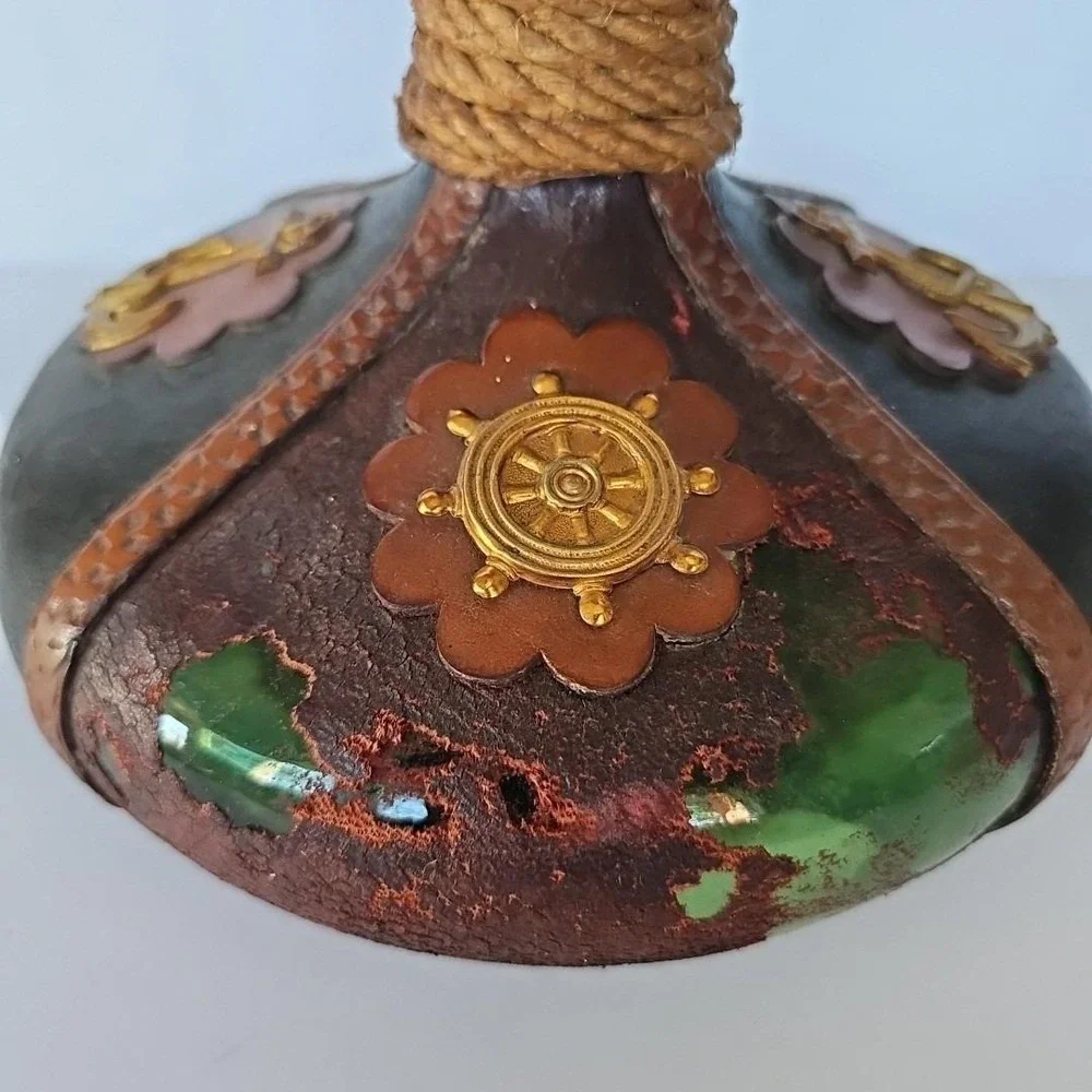 Vintage Italian Leather Wrapped Glass Decanter Nautical Anchor Ship‎ Wheel Decor